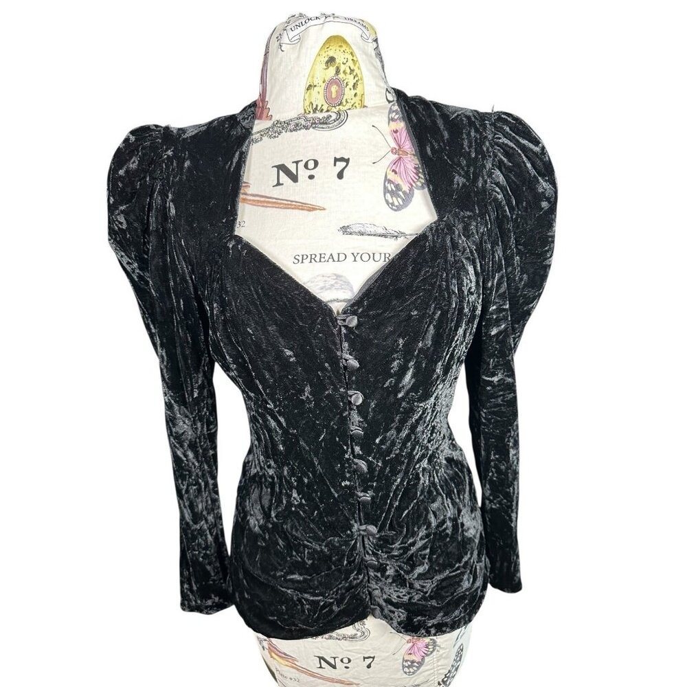 Vintage Size 12 Velvet Top Witchy Whimsygoth Black Long Sleeve Button Sweetheart